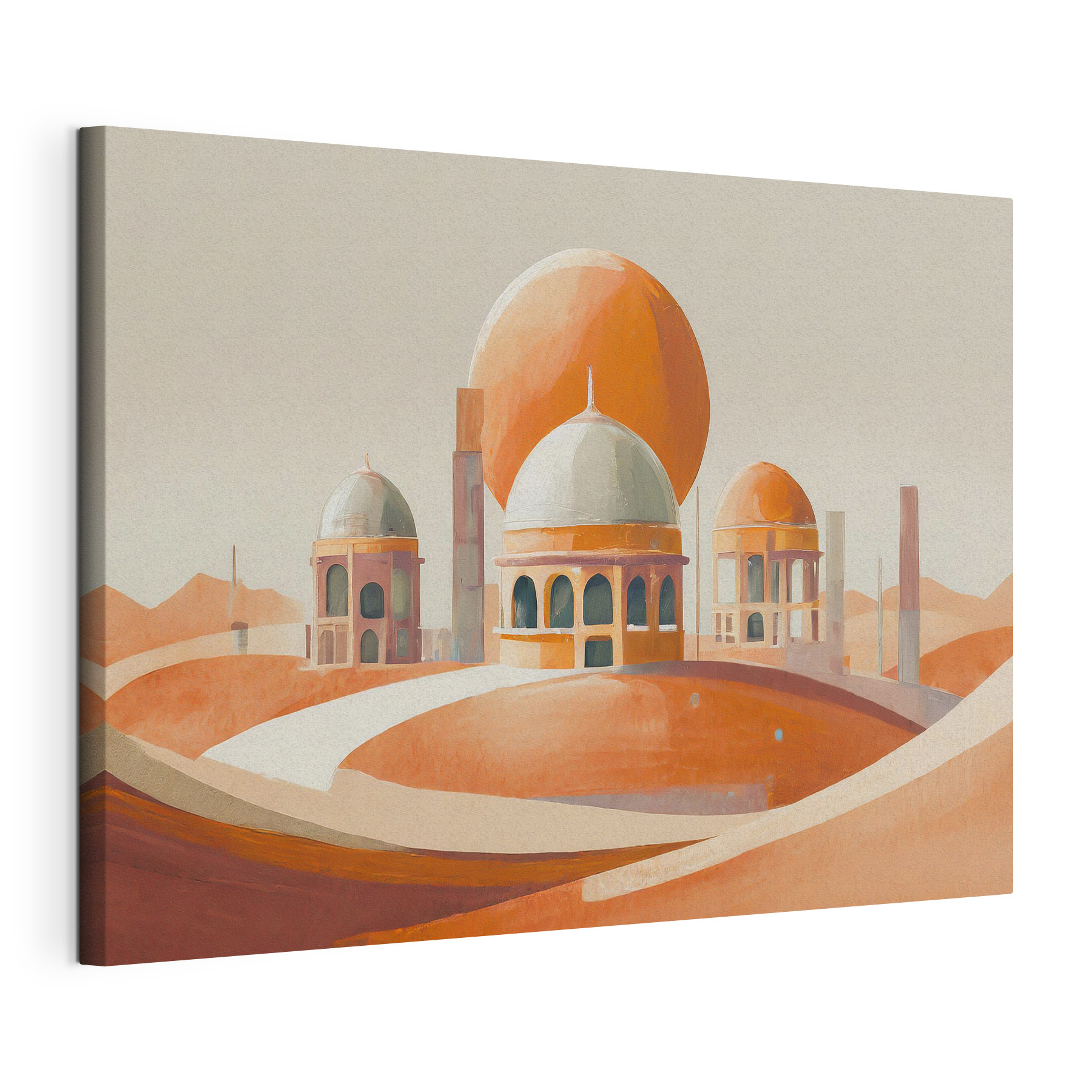 A desert landscape with buildings and a large orange ball A desert landscape with buildings and a large orange ball