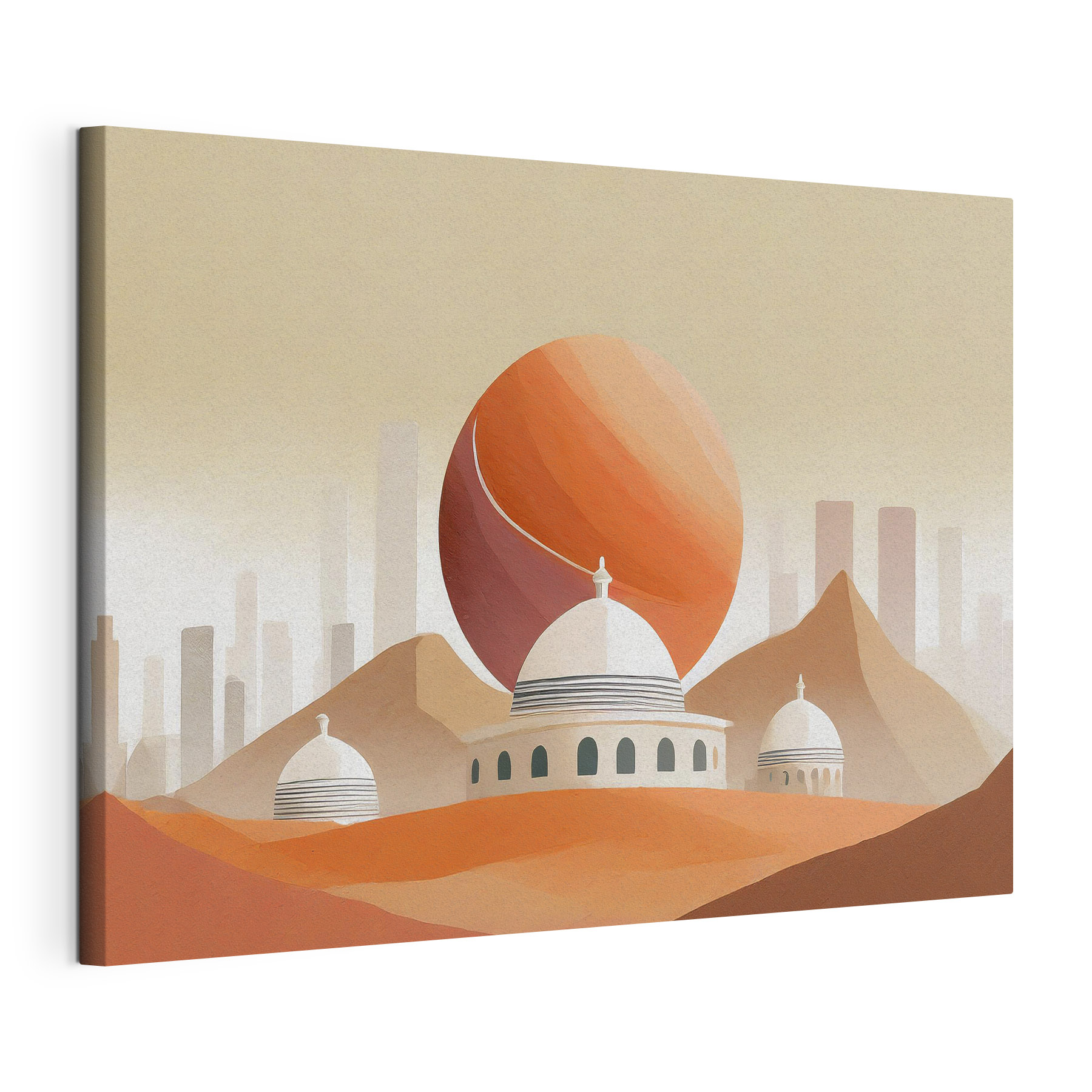 A desert landscape with buildings and a large red ball A desert landscape with buildings and a large red ball