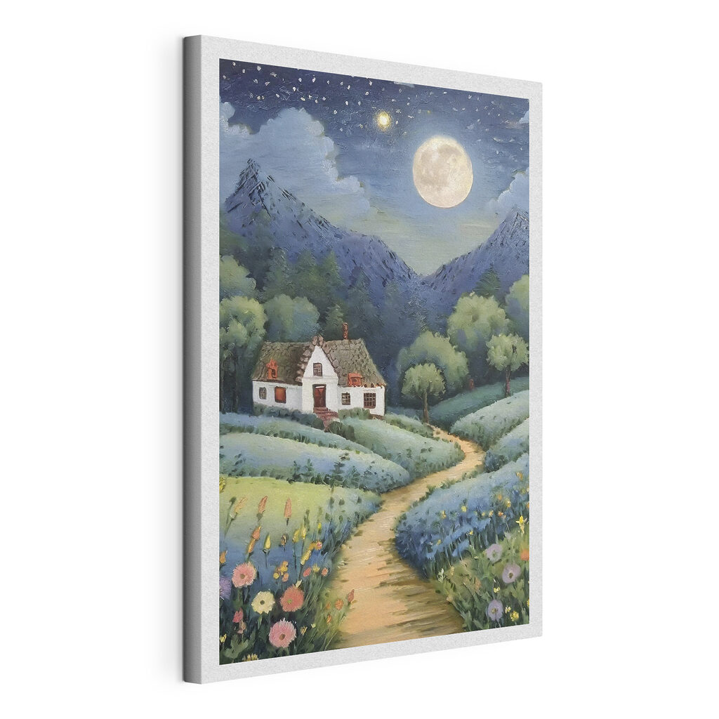 A painting of a house in a field of flowers A painting of a house in a field of flowers
