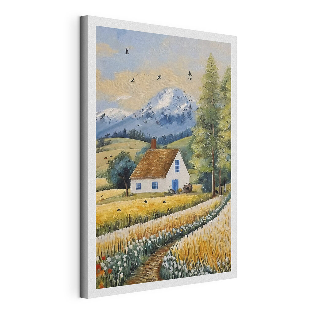 A painting of a house in a field A painting of a house in a field