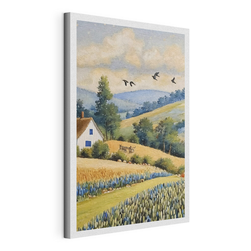 A painting of a house and a field of flowers A painting of a house and a field of flowers