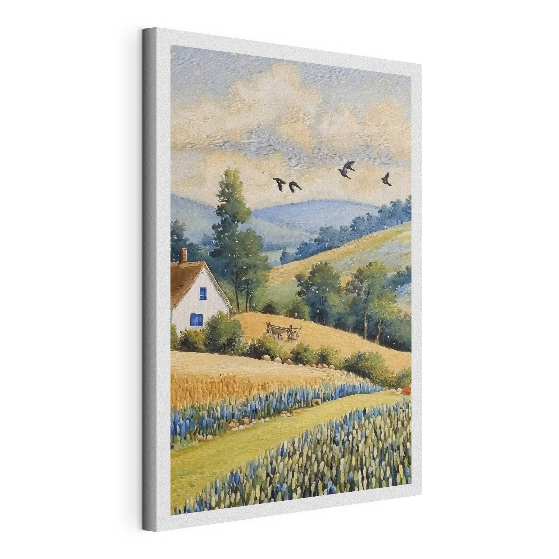 A painting of a house and a field of flowers A painting of a house and a field of flowers