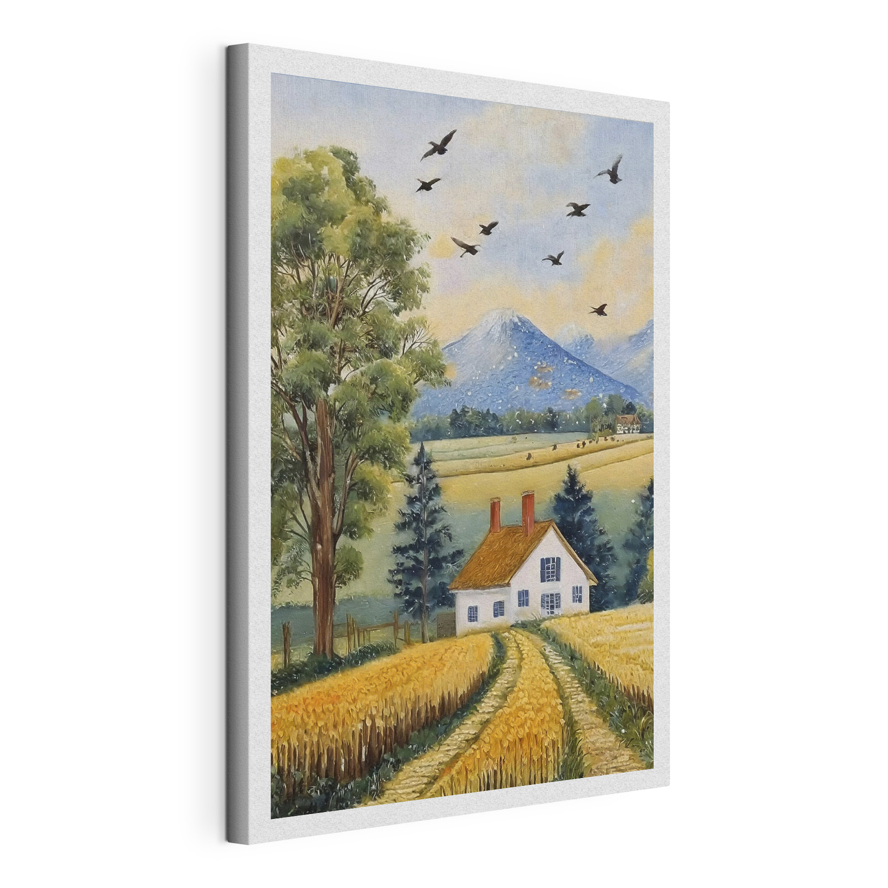 A painting of a house and a field of wheat A painting of a house and a field of wheat