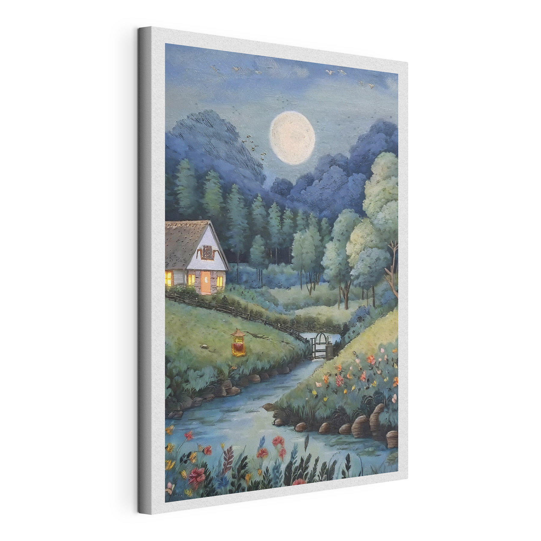 A painting of a house and a river in a forest A painting of a house and a river in a forest