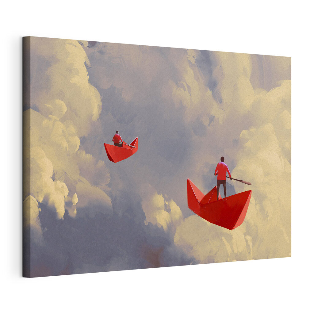 Two people in red boats in the sky Two people in red boats in the sky