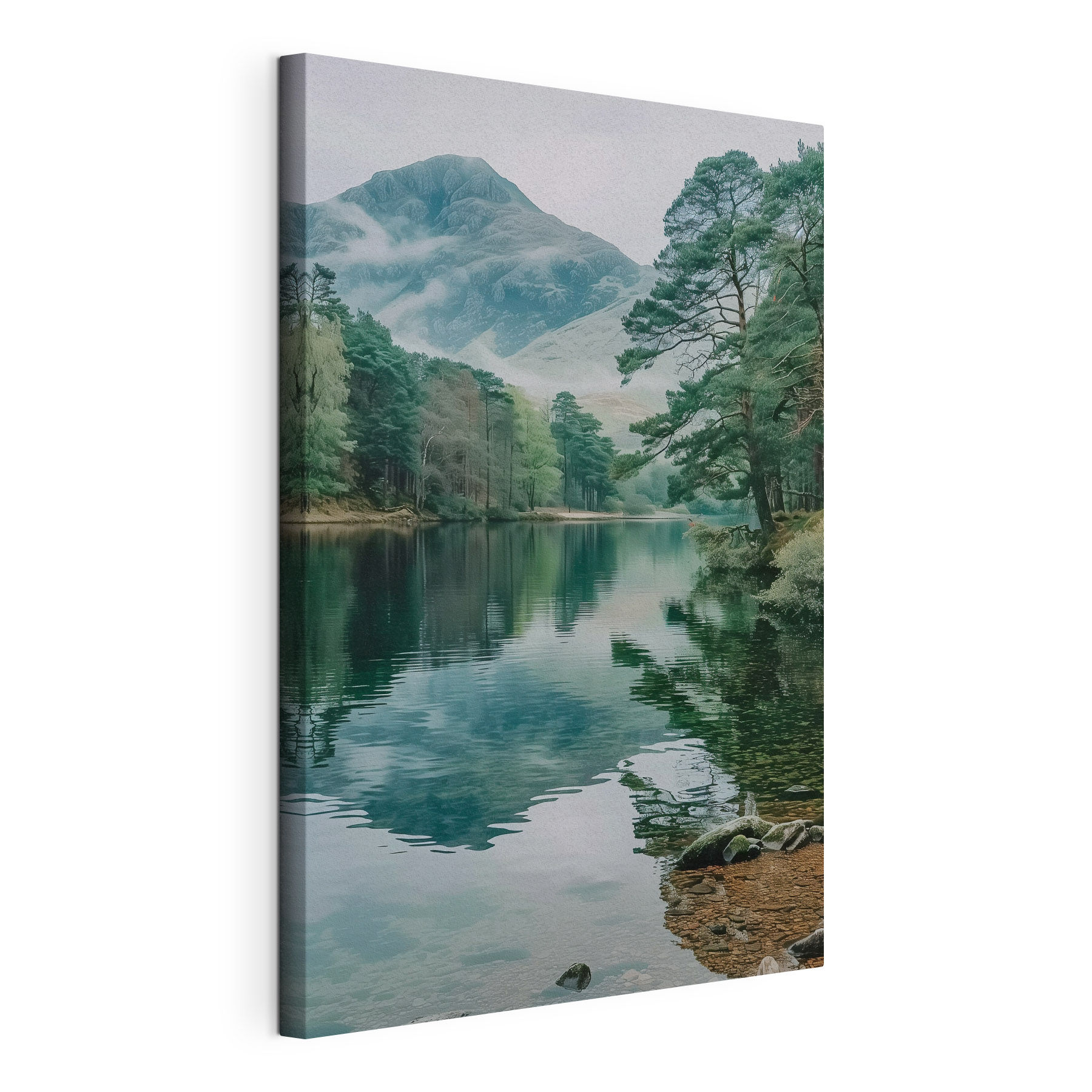 A lake surrounded by trees and mountains A lake surrounded by trees and mountains