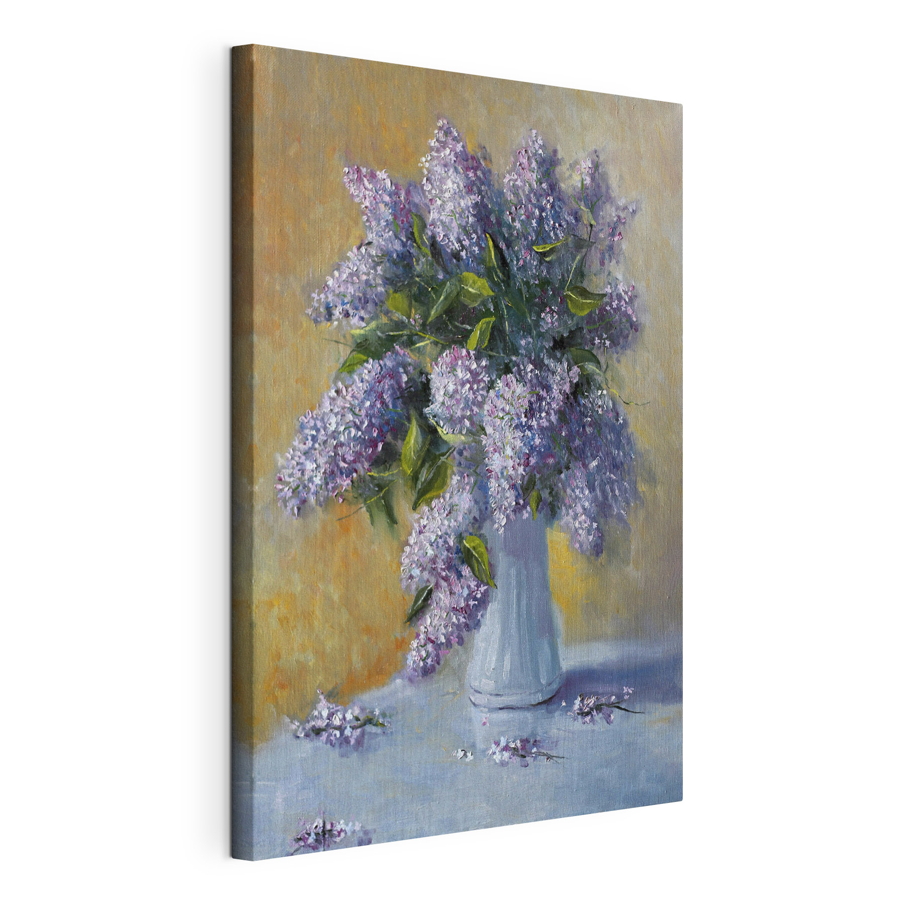 A painting of a bouquet of purple flowers in a white vase A painting of a bouquet of purple flowers in a white vase