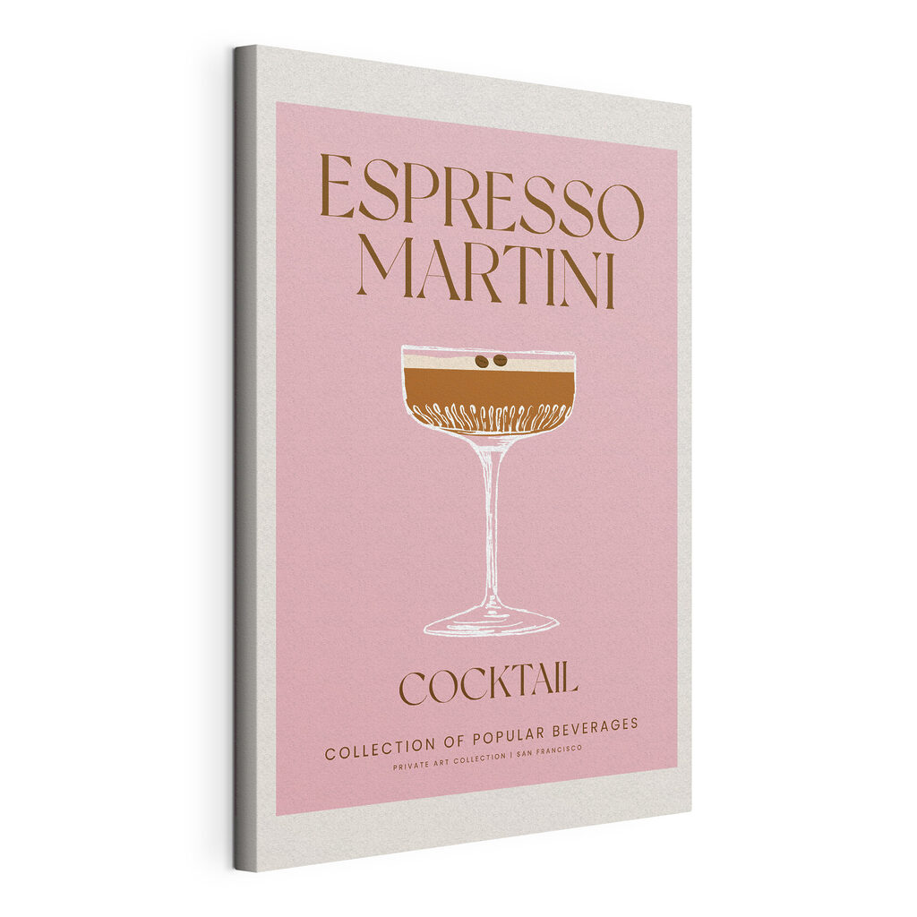A pink and white sign with a glass of brown liquid A pink and white sign with a glass of brown liquid