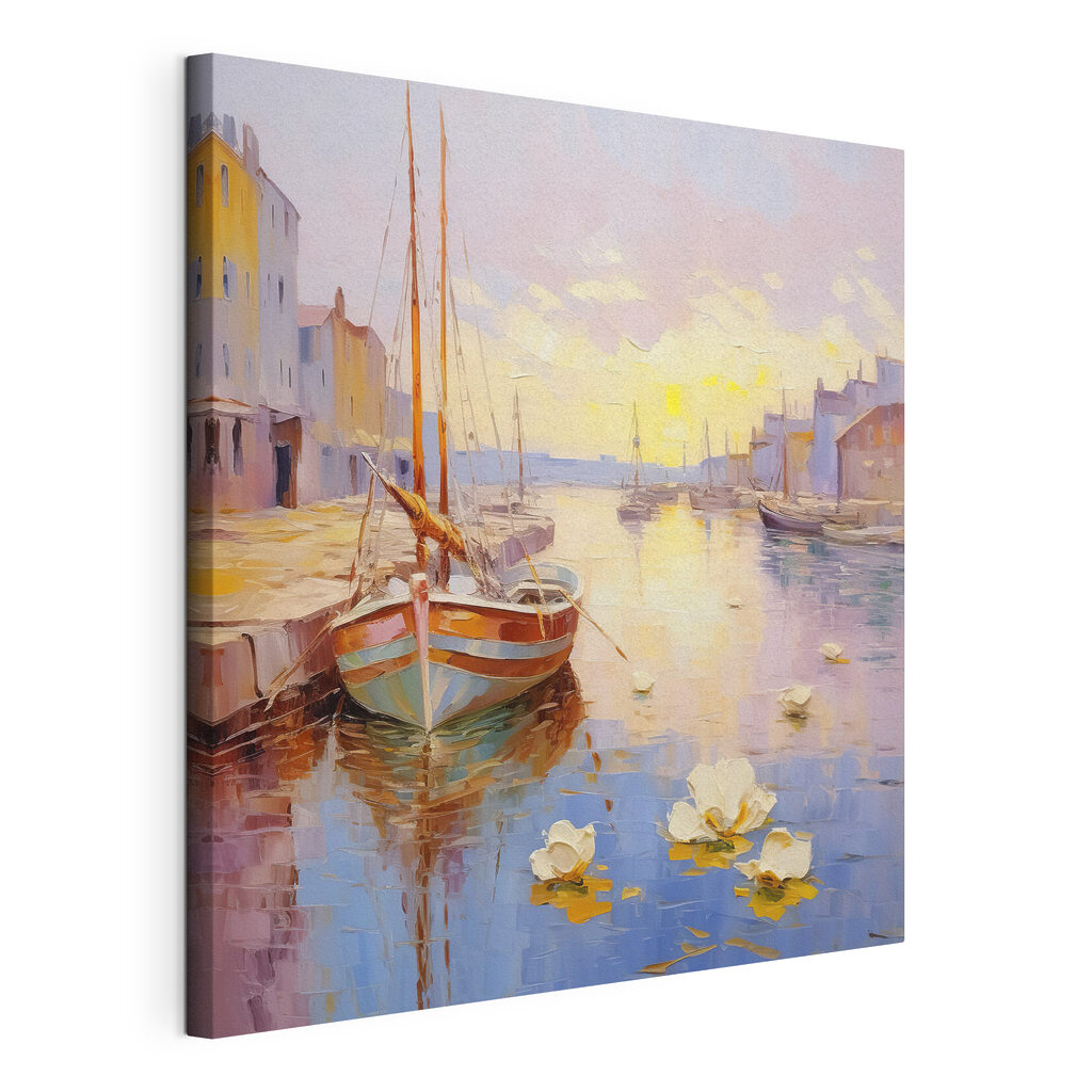A painting of boats in a harbor A painting of boats in a harbor