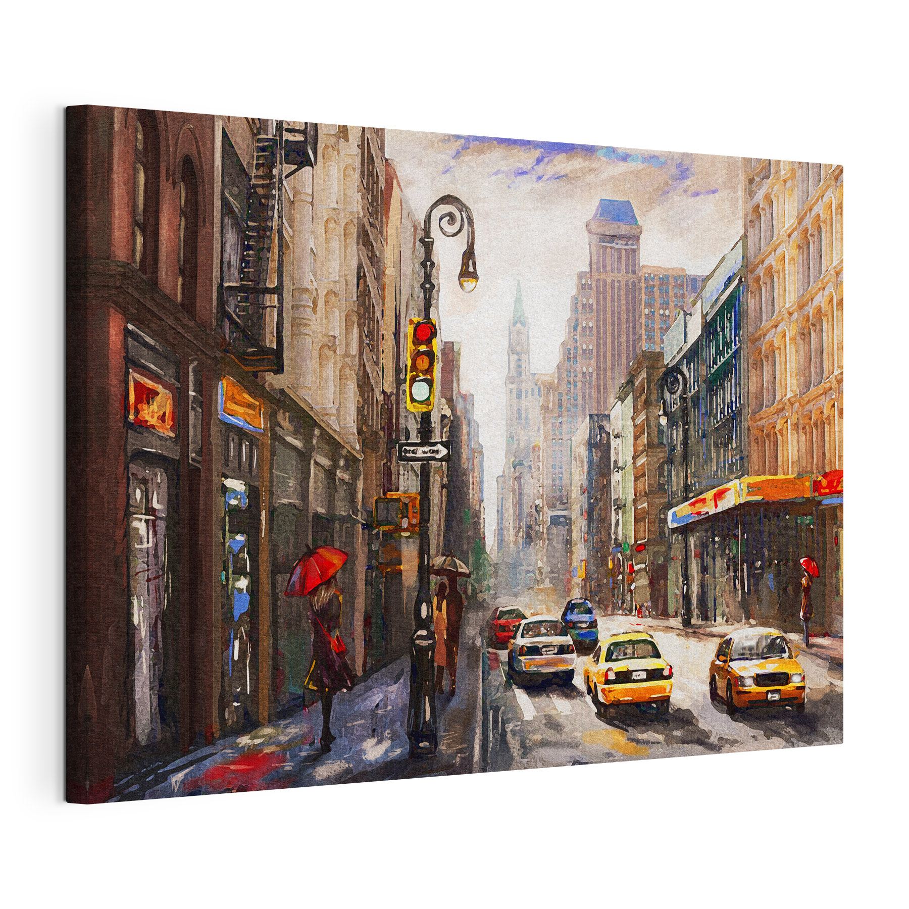 A watercolor of a city street with cars and people
