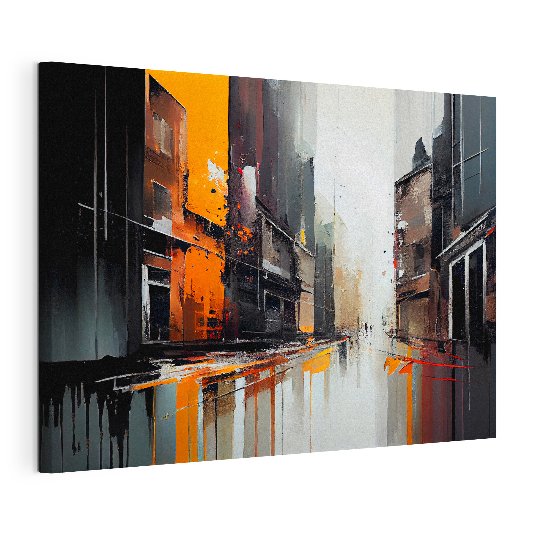 A painting of a street with buildings A painting of a street with buildings