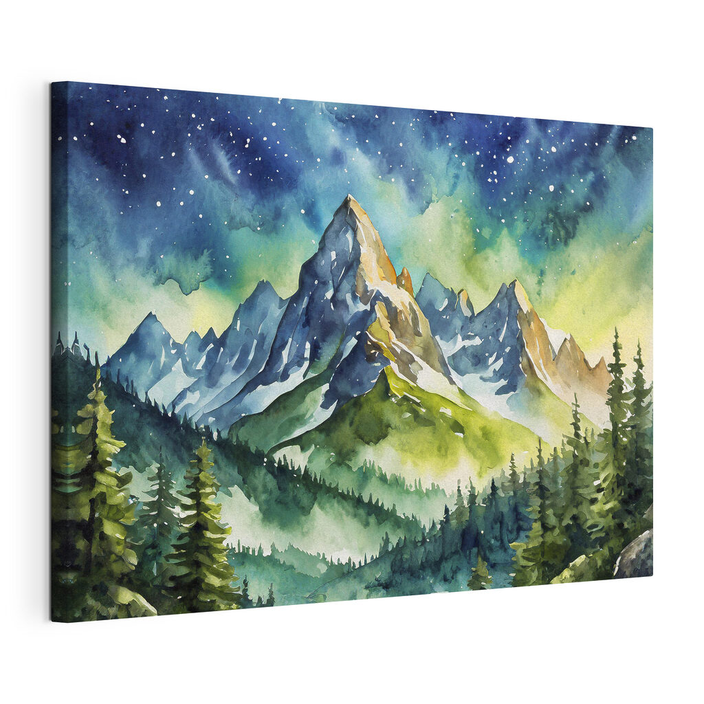 Watercolor painting of mountains and trees and stars