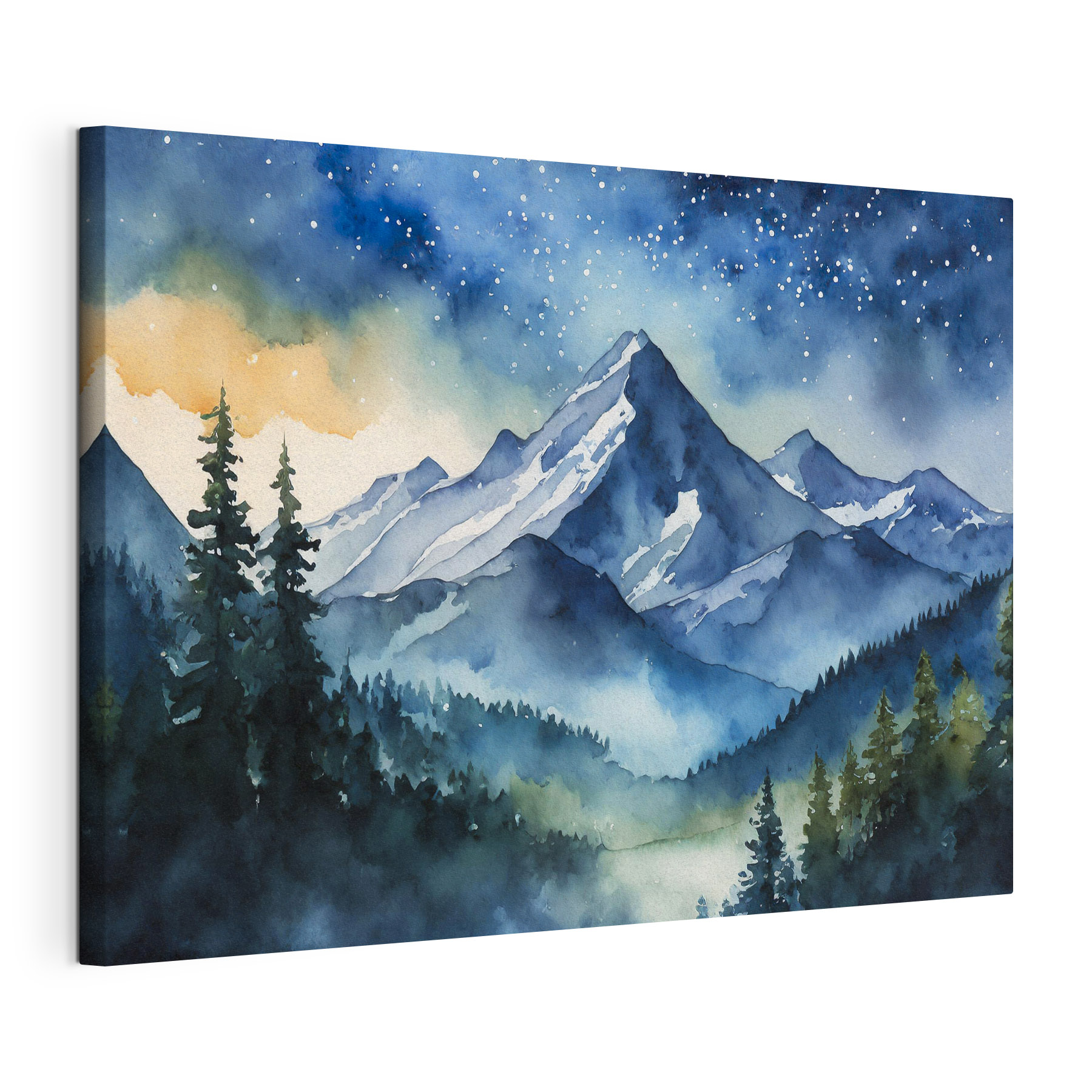 Watercolor of a mountain range and trees in the foreground Watercolor of a mountain range and trees in the foreground
