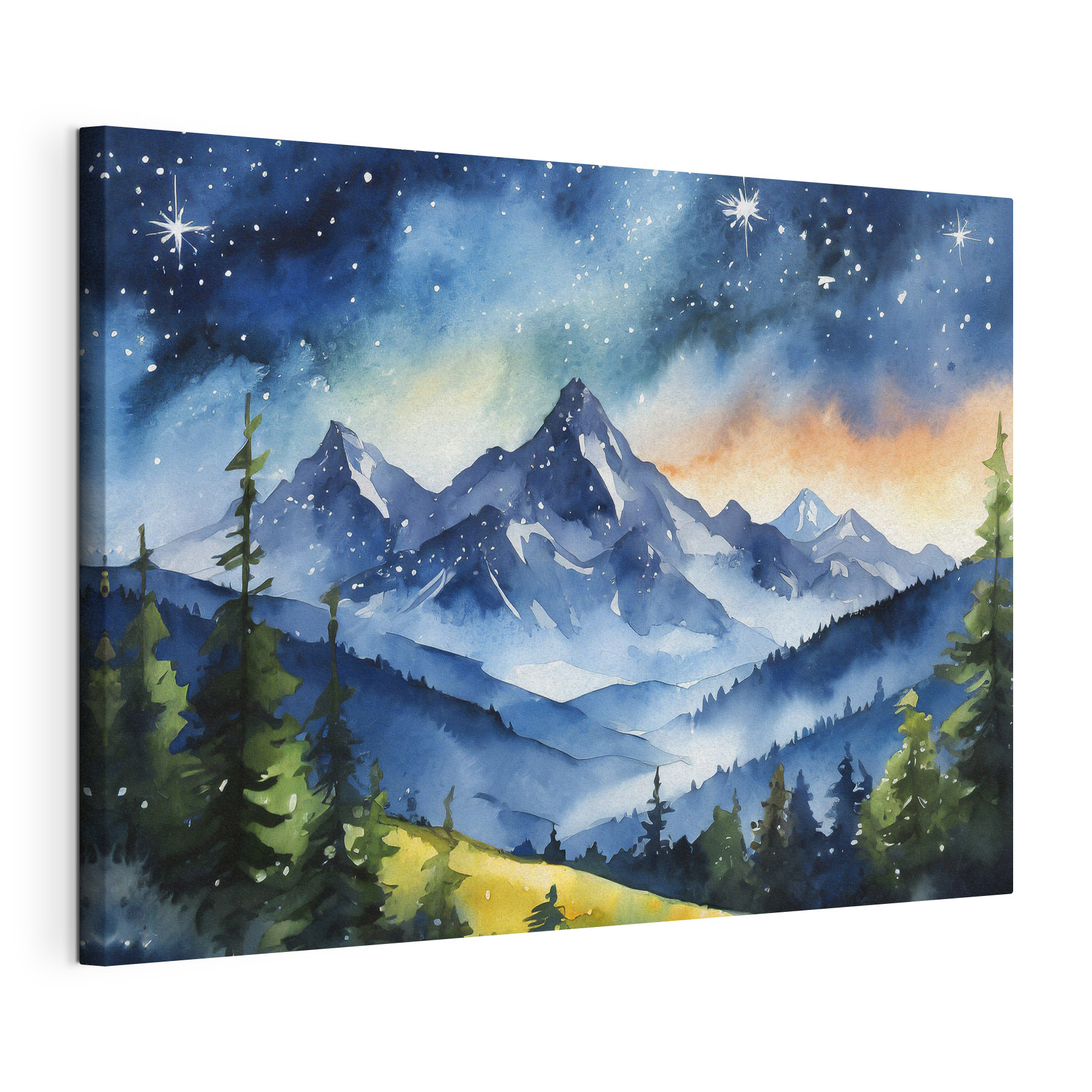 Watercolor of a mountain range and stars in the sky Watercolor of a mountain range and stars in the sky
