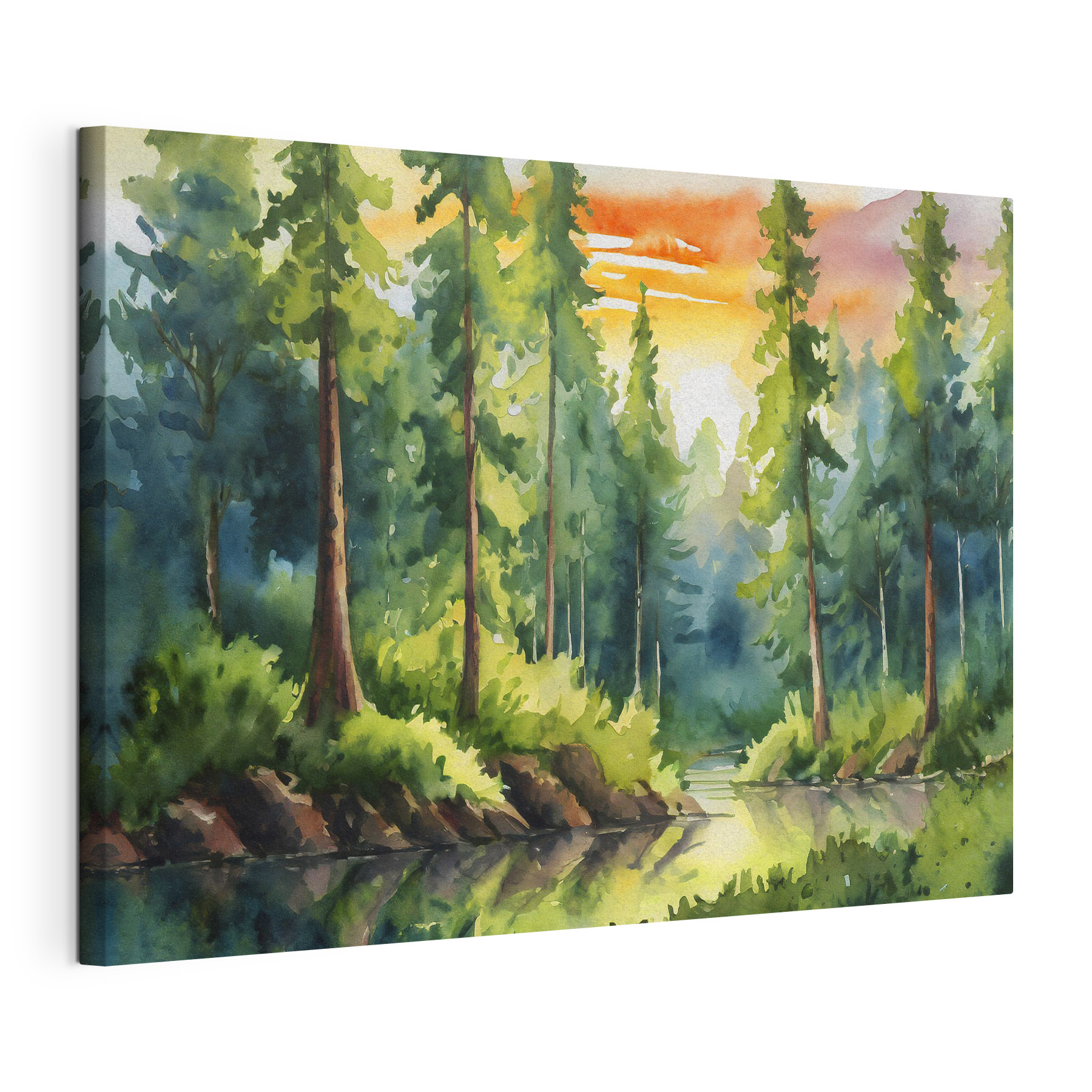 Watercolor painting of a river with trees and grass