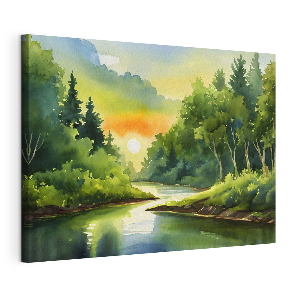 Watercolor painting of a river with trees and a sunset