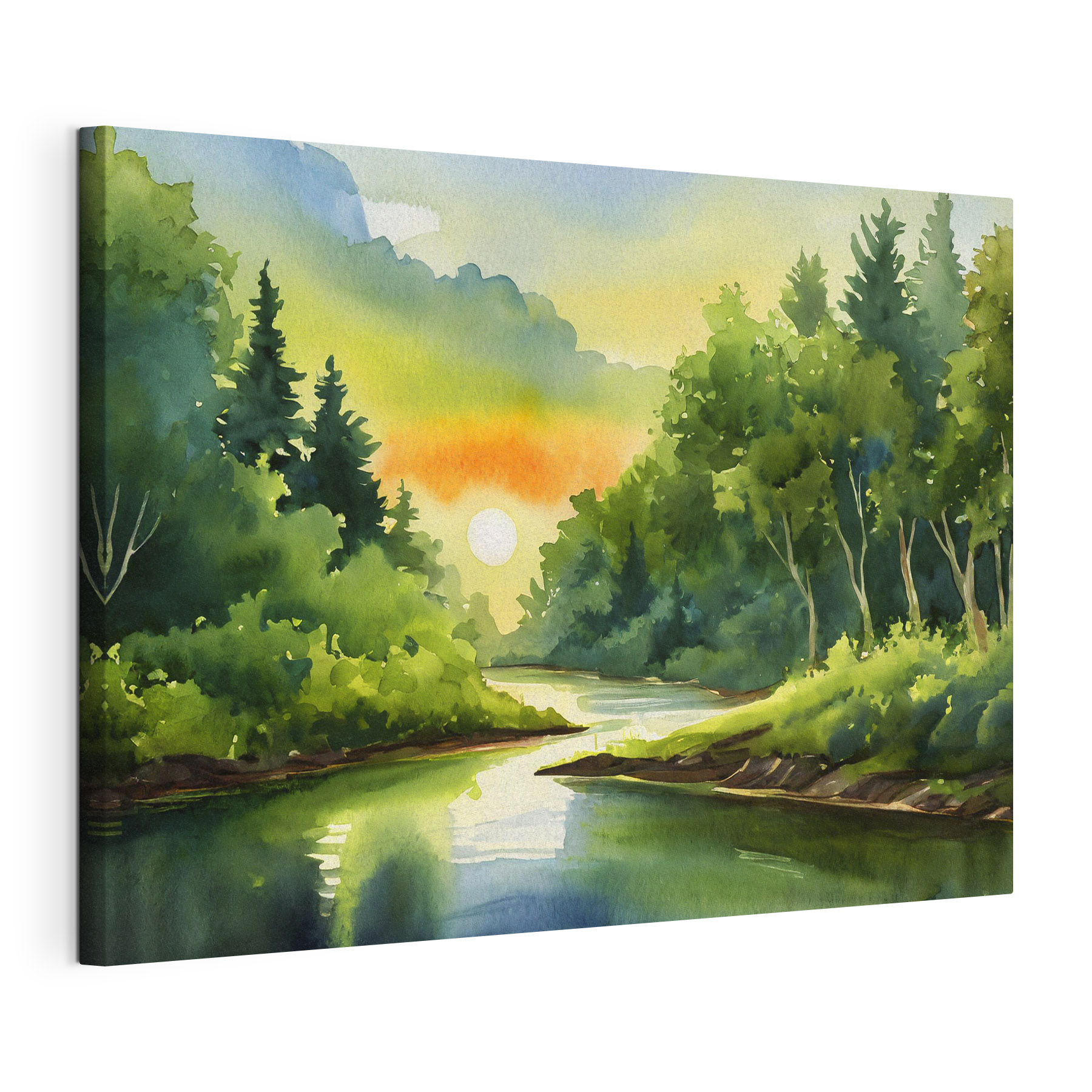 Watercolor painting of a river with trees and a sunset