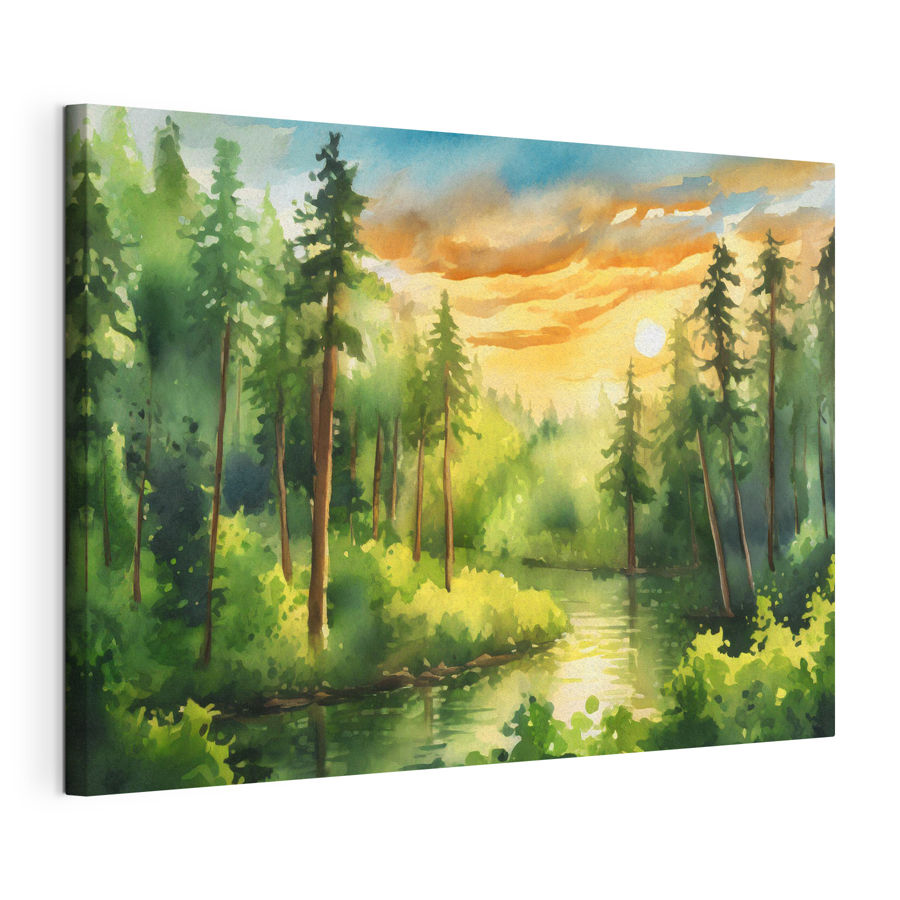 Watercolor painting of a river with trees and bushes and a sunset