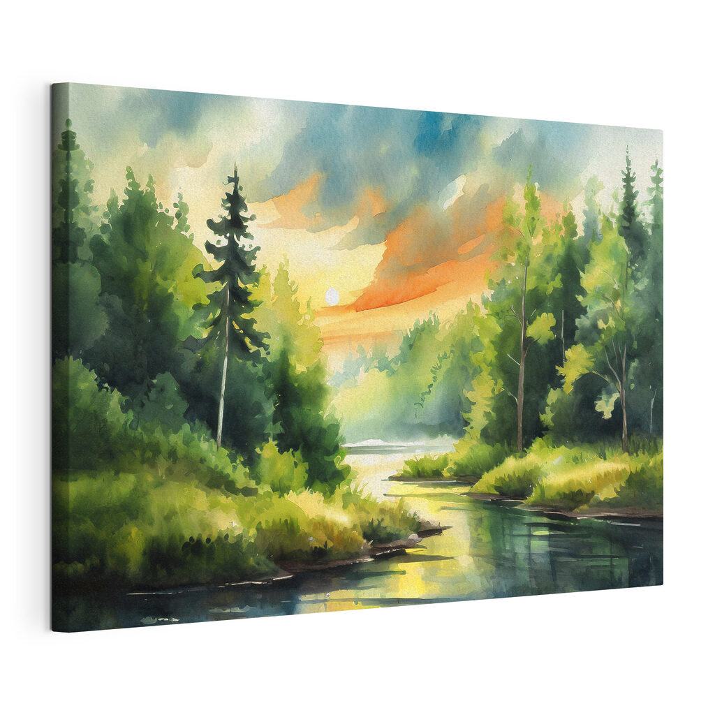 Watercolor painting of a river with trees and grass and a sunset Watercolor painting of a river with trees and grass and a sunset