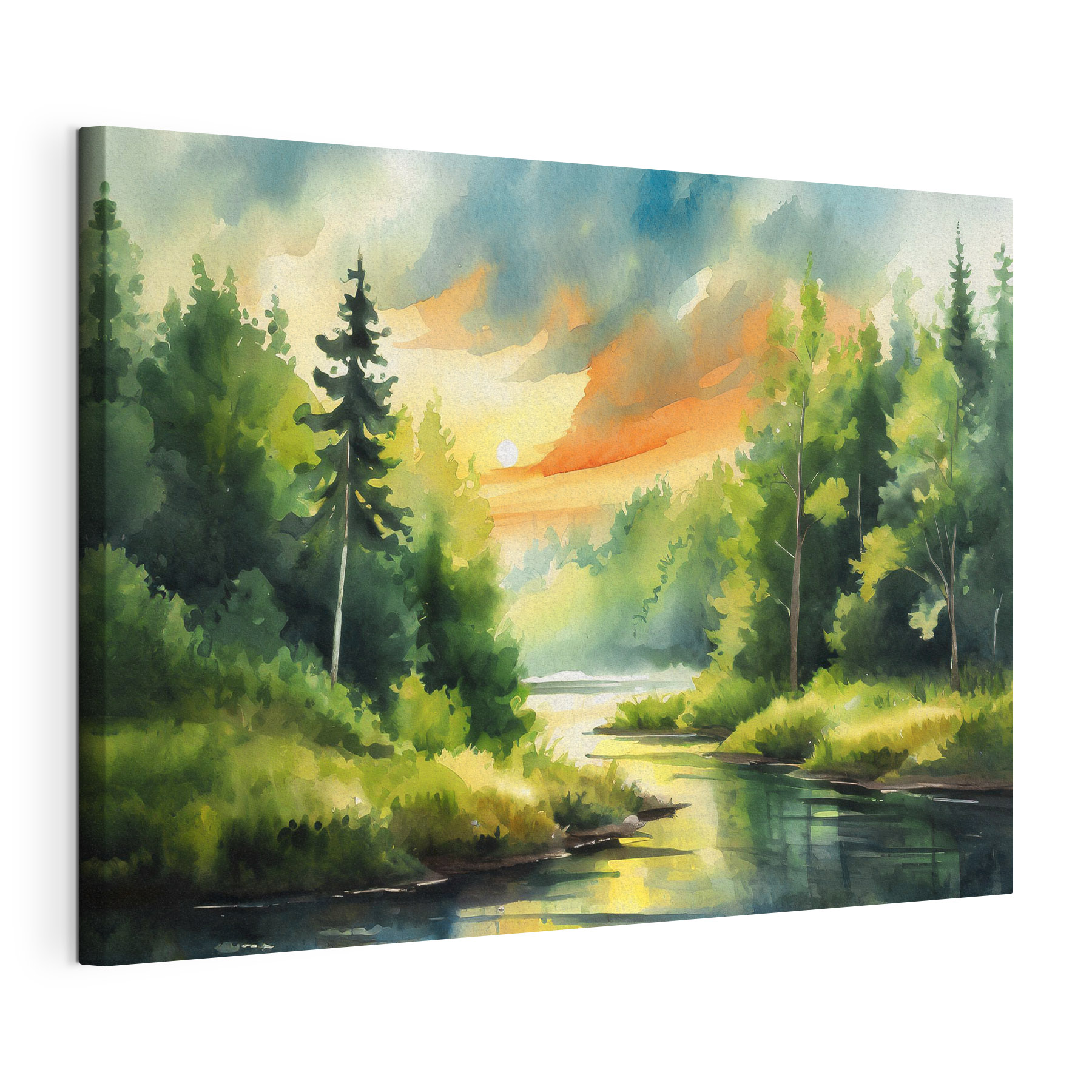 Watercolor painting of a river with trees and grass and a sunset Watercolor painting of a river with trees and grass and a sunset