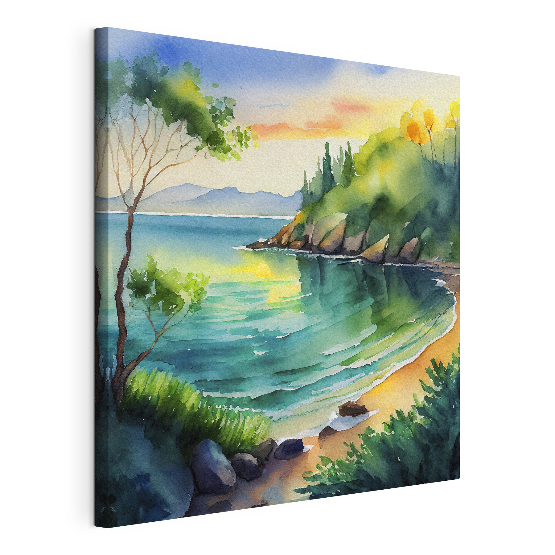 Watercolor painting of a beach and trees Watercolor painting of a beach and trees