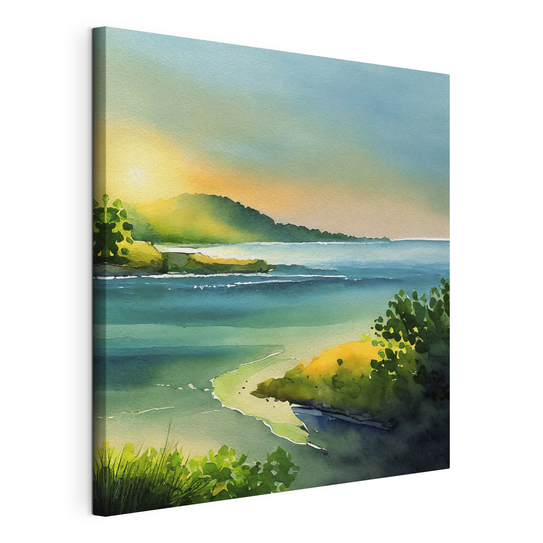 Watercolor painting of a river and trees and hills Watercolor painting of a river and trees and hills