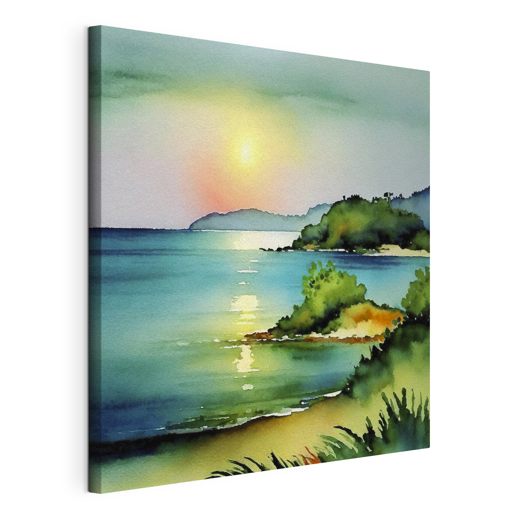 Watercolor painting of a beach and a body of water with trees and hills Watercolor painting of a beach and a body of water with trees and hills