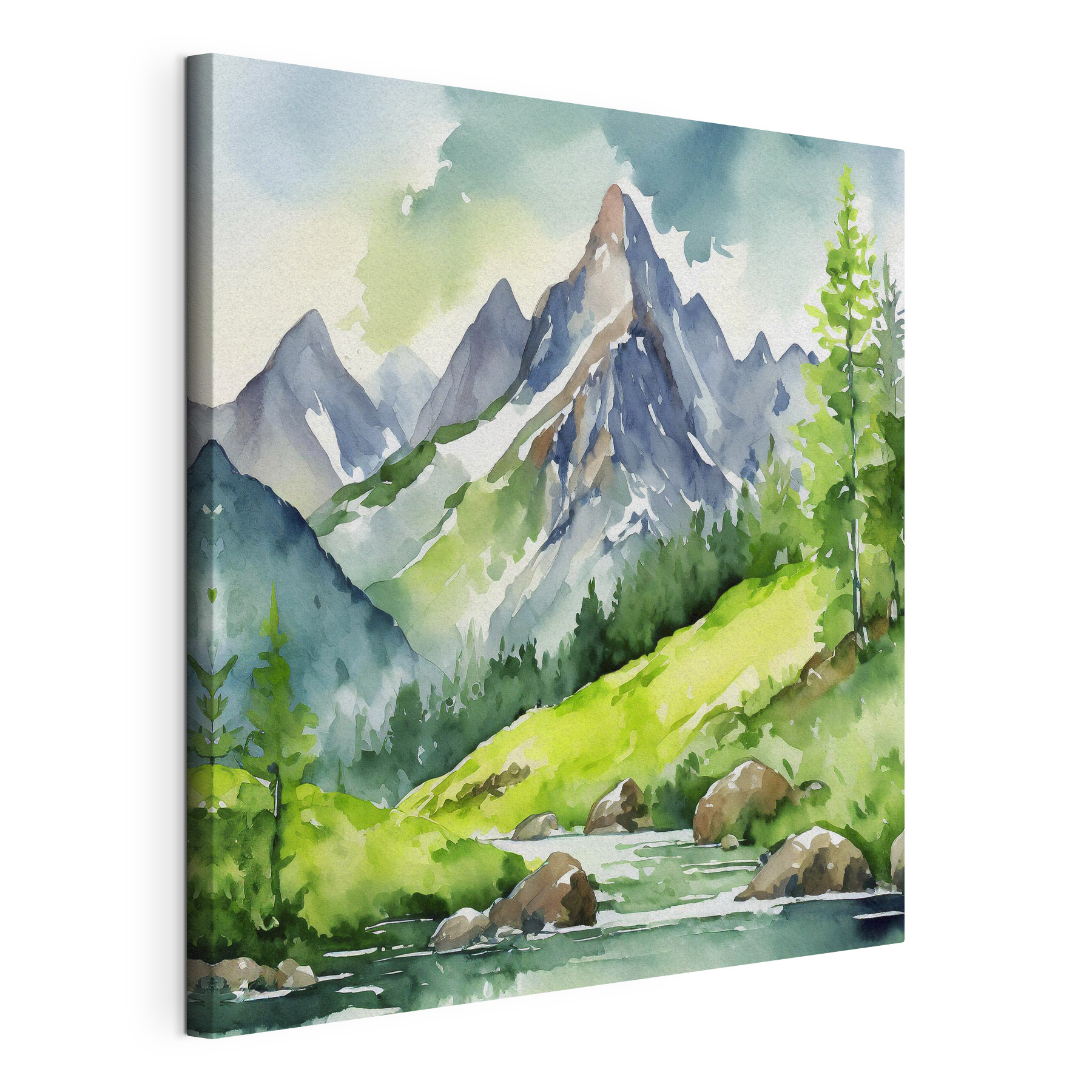 Watercolor of a river running through a mountain valley Watercolor of a river running through a mountain valley