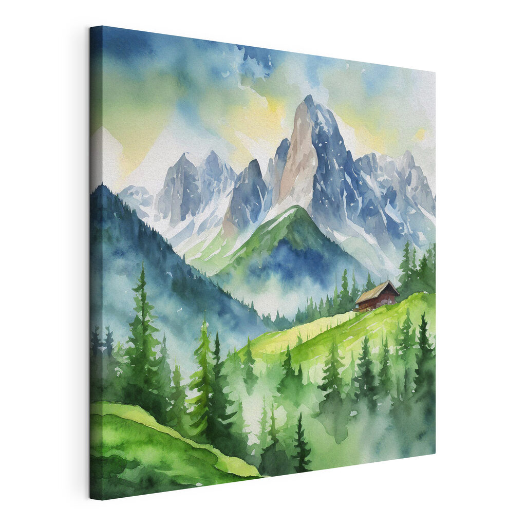 A watercolor painting of a house on a hill with trees and mountains A watercolor painting of a house on a hill with trees and mountains