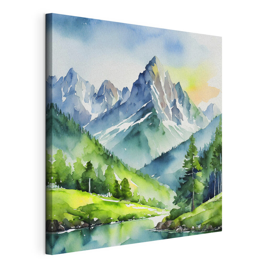 Watercolor of a mountain river and trees Watercolor of a mountain river and trees