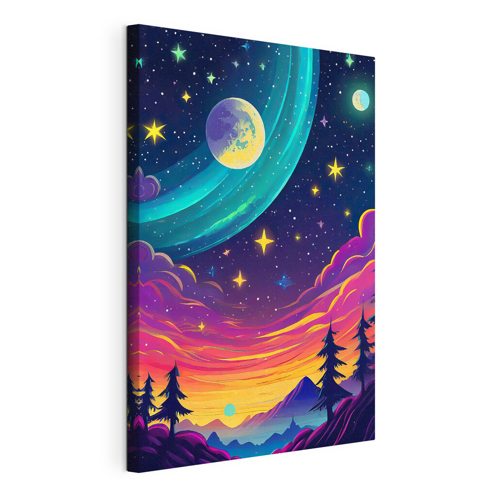 A colorful sky with trees and stars