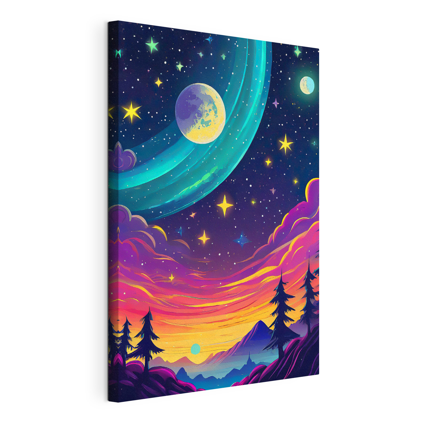 A colorful sky with trees and stars