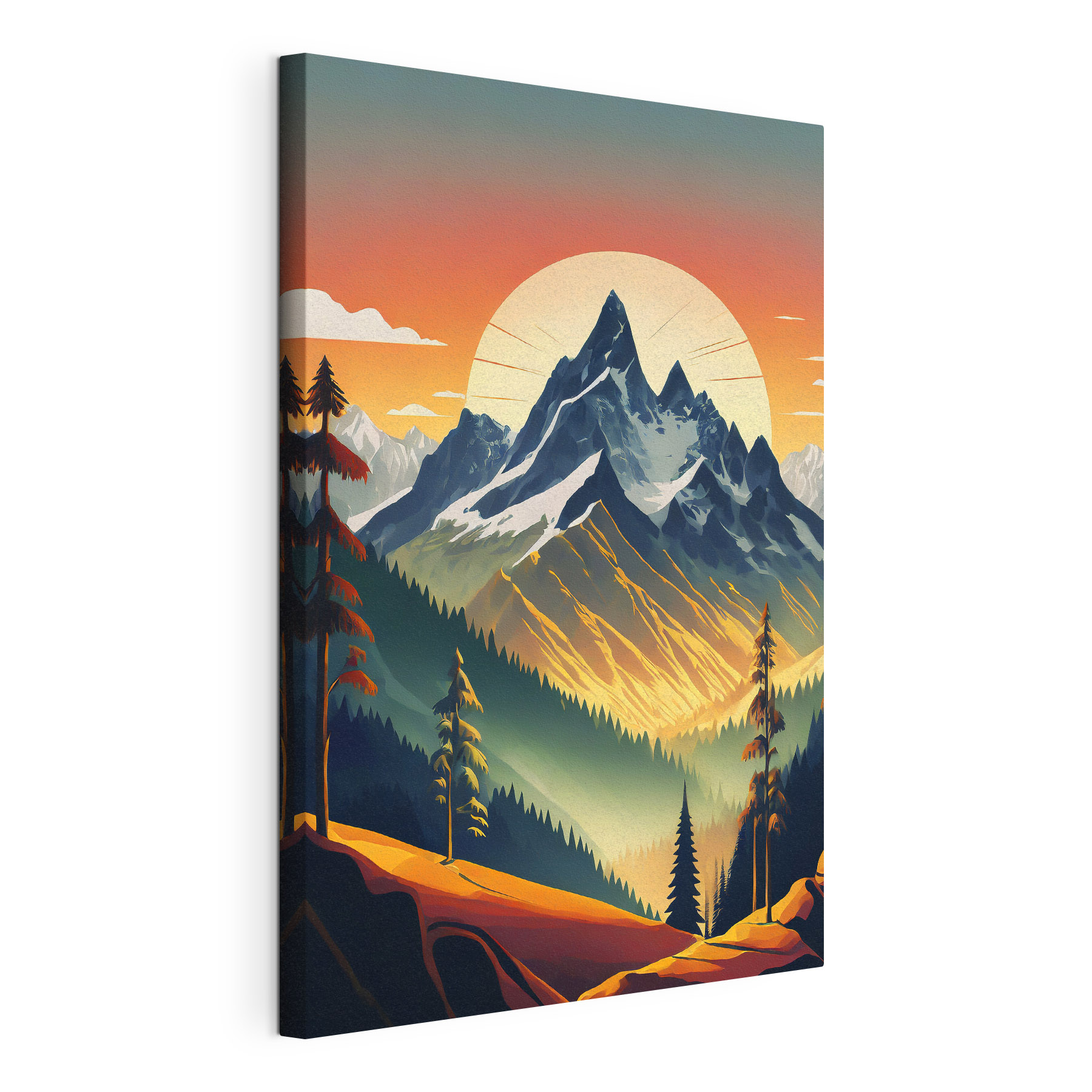 A mountain range with trees and a sunset A mountain range with trees and a sunset