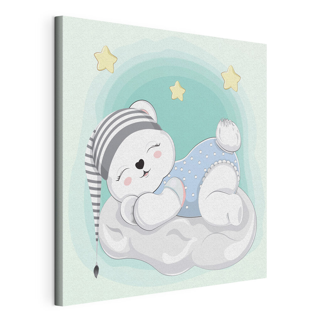A cartoon of a baby bear sleeping on a cloud
