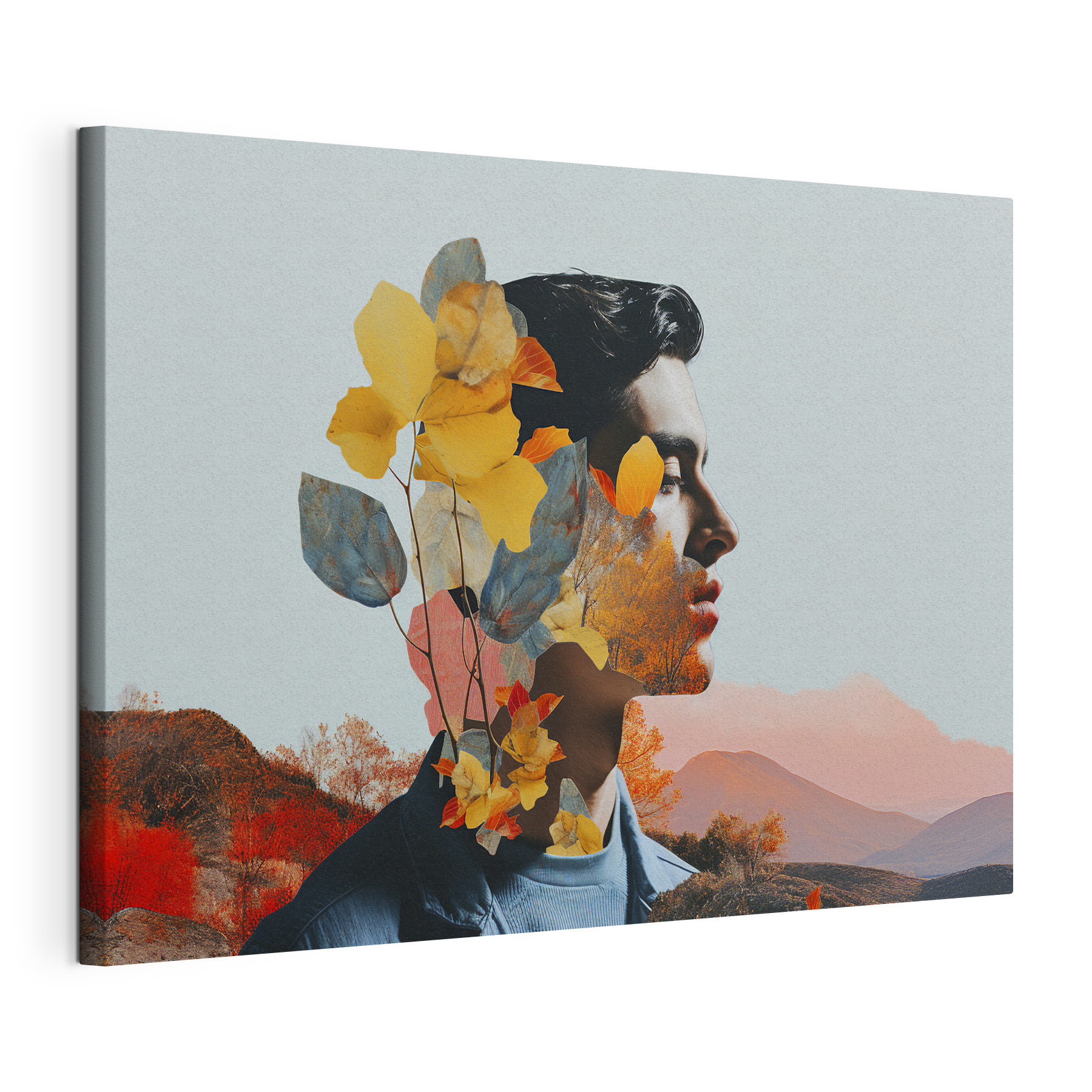 A man with leaves and a blue shirt