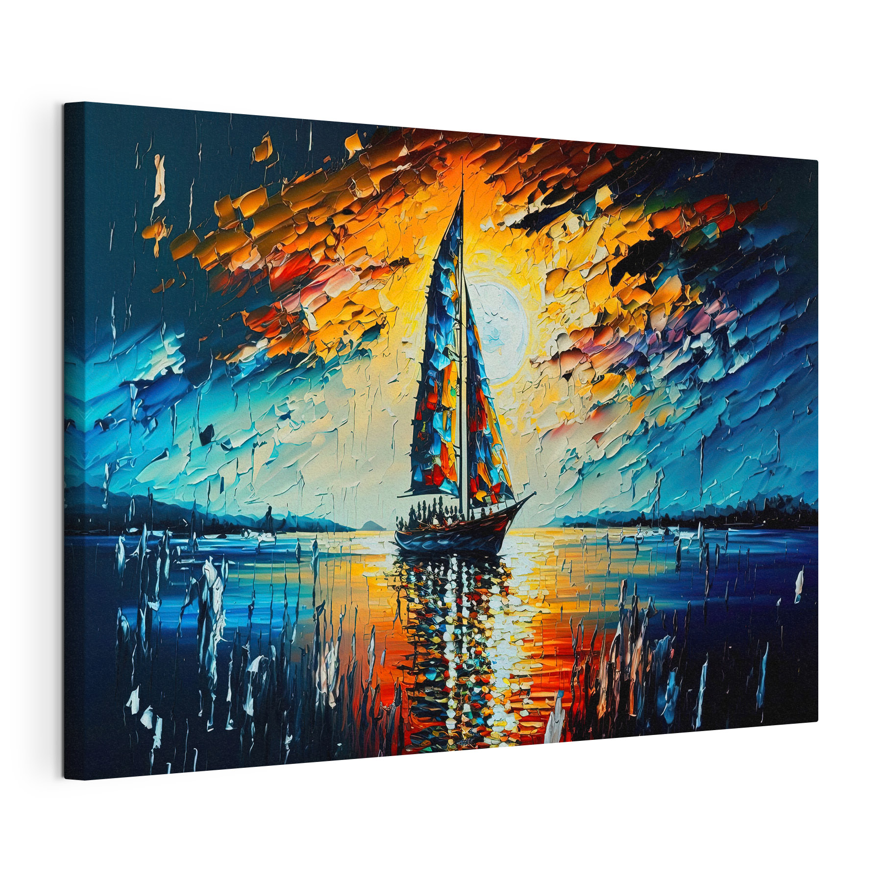 A painting of a sailboat on water