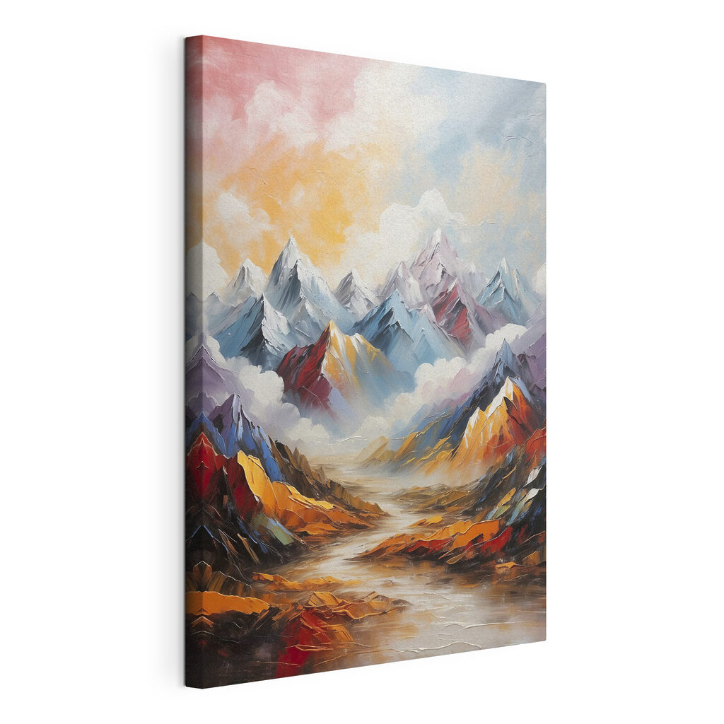 A painting of mountains and clouds A painting of mountains and clouds