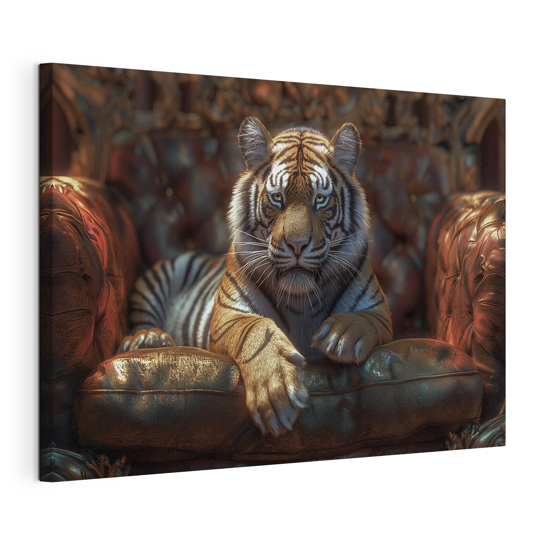 A tiger lying on a leather chair A tiger lying on a leather chair