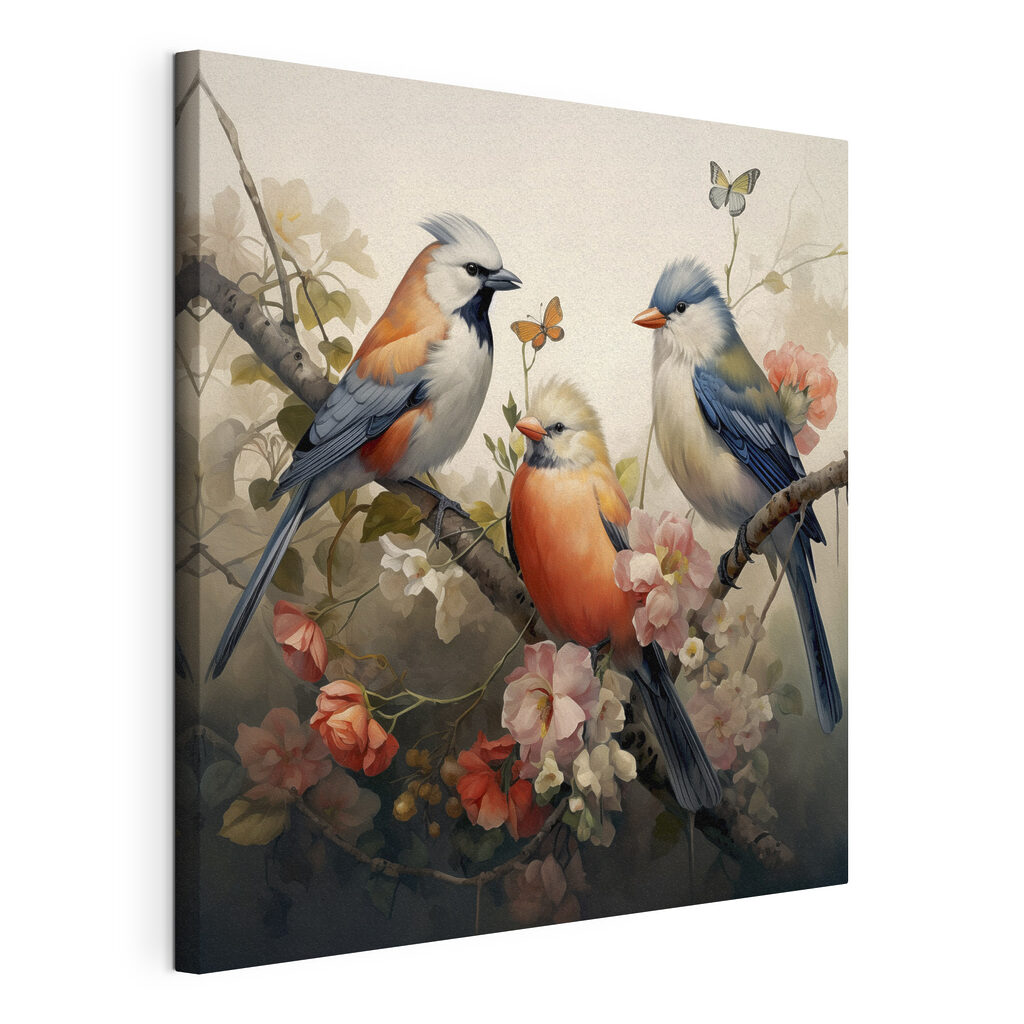 A group of birds on a branch with flowers A group of birds on a branch with flowers