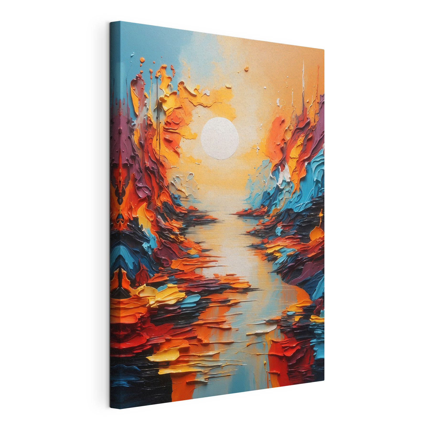 A painting of a river with a sun in the background