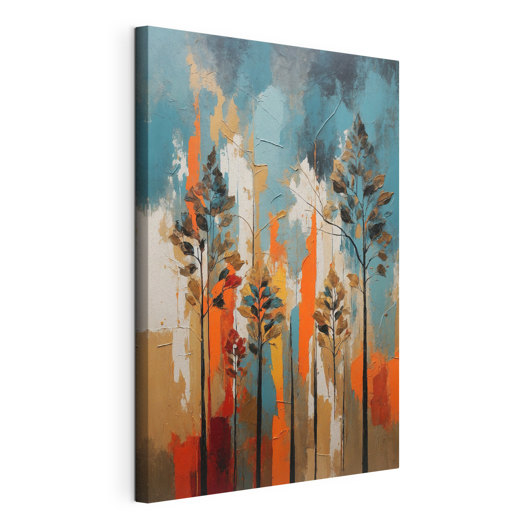 A painting of trees with orange and blue stripes A painting of trees with orange and blue stripes