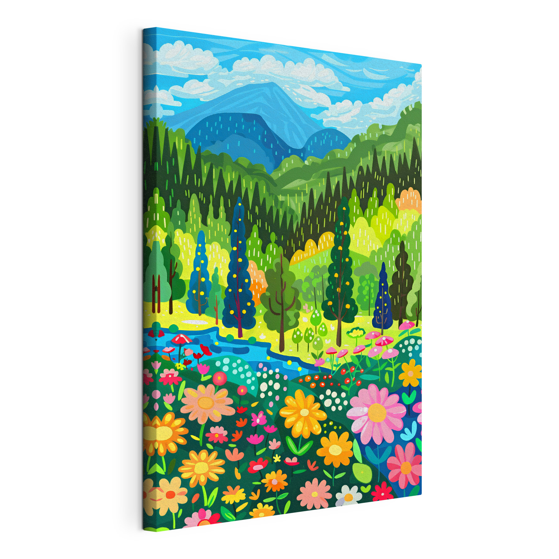 A cartoon of a landscape with trees and flowers