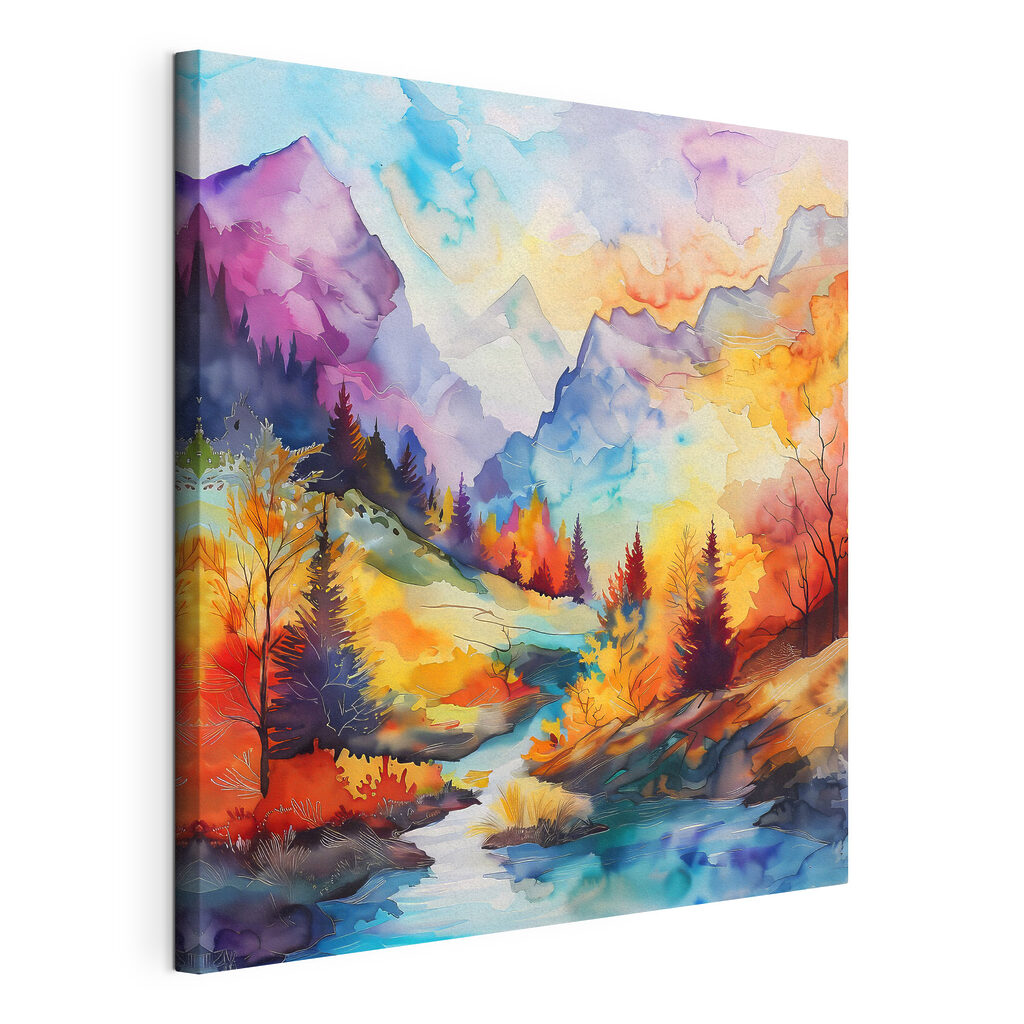 A colorful mountain landscape with trees and a river