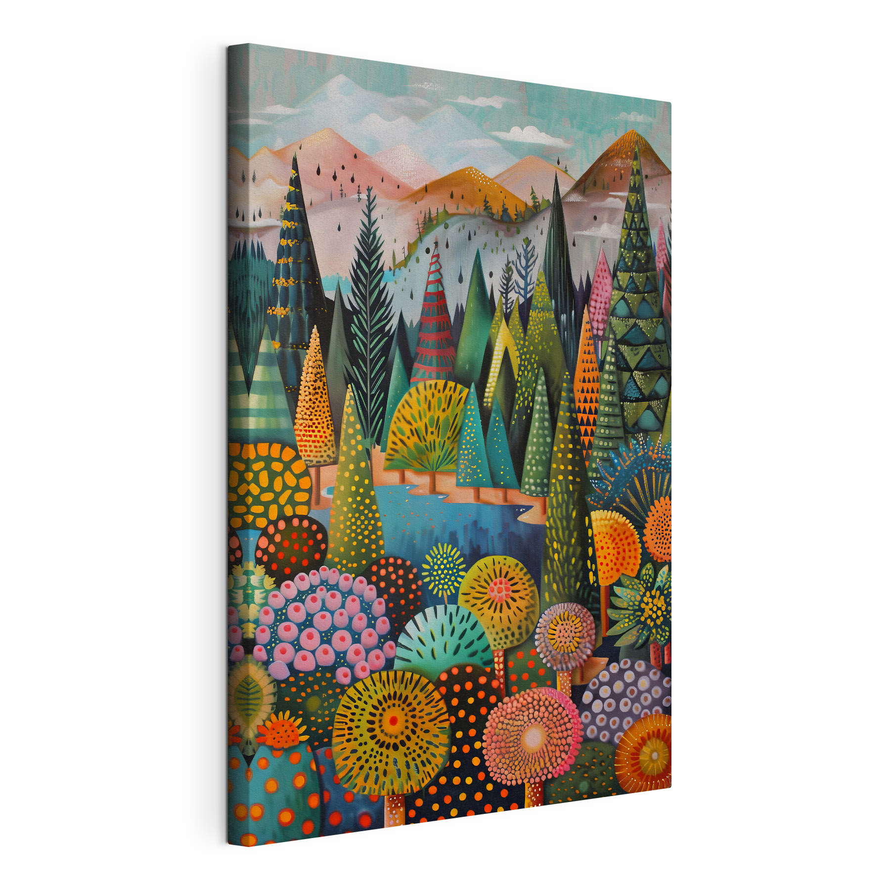 A painting of trees and a river A painting of trees and a river