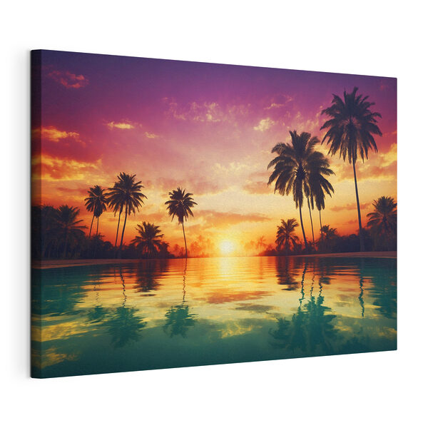Cuadros Cuadros Una puesta de sol sobre una masa de agua con palmeras (SKU: s38183)