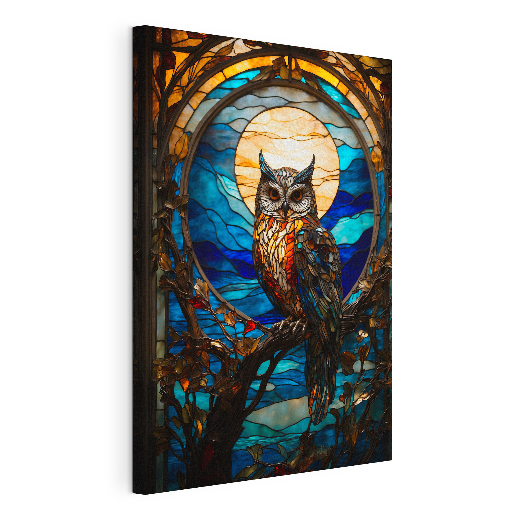 A stained glass owl on a tree branch