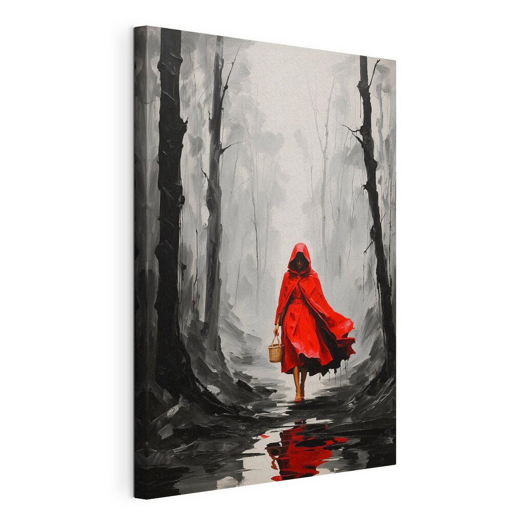 A woman in a red cloak walking in a forest