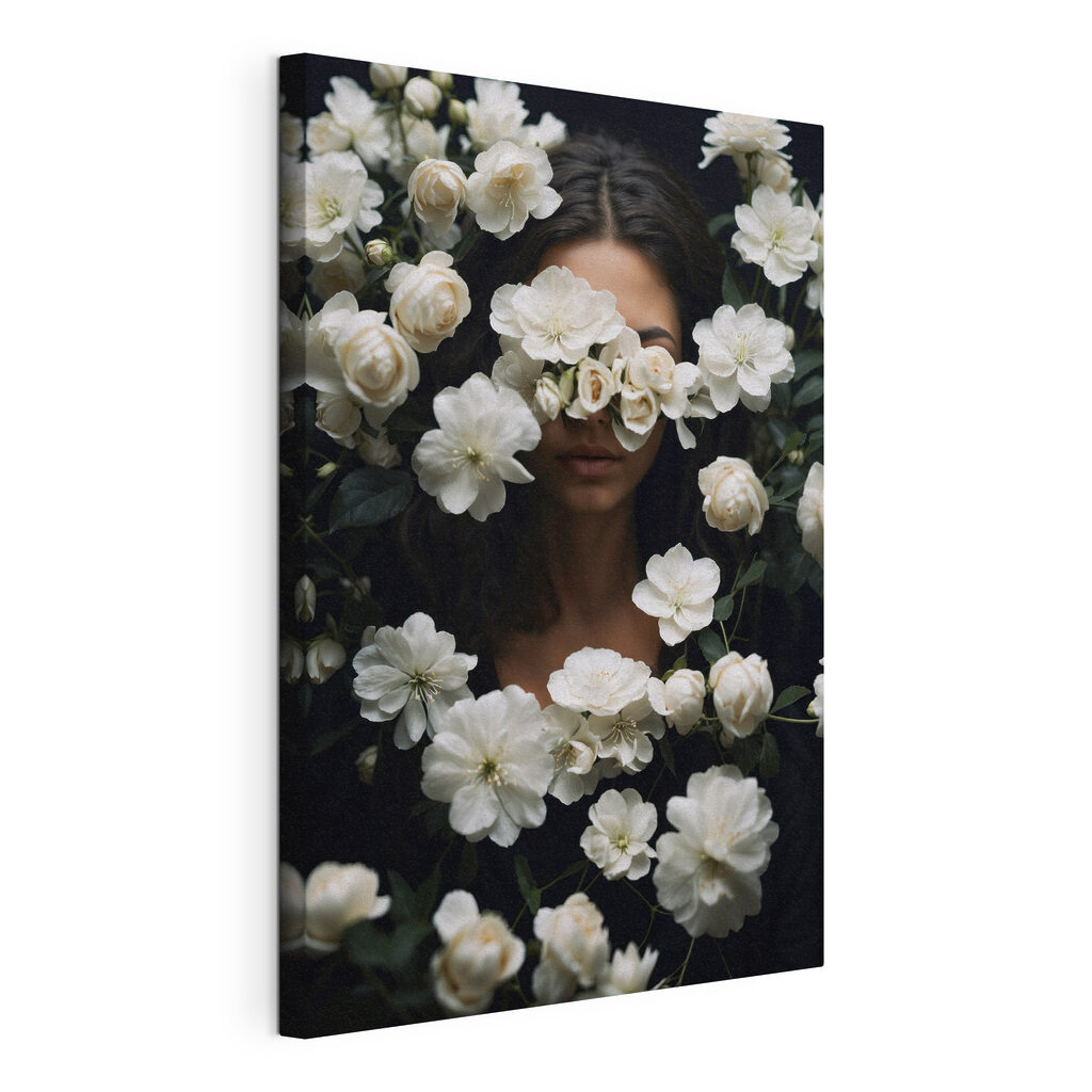 A woman hiding her face behind white flowers A woman hiding her face behind white flowers