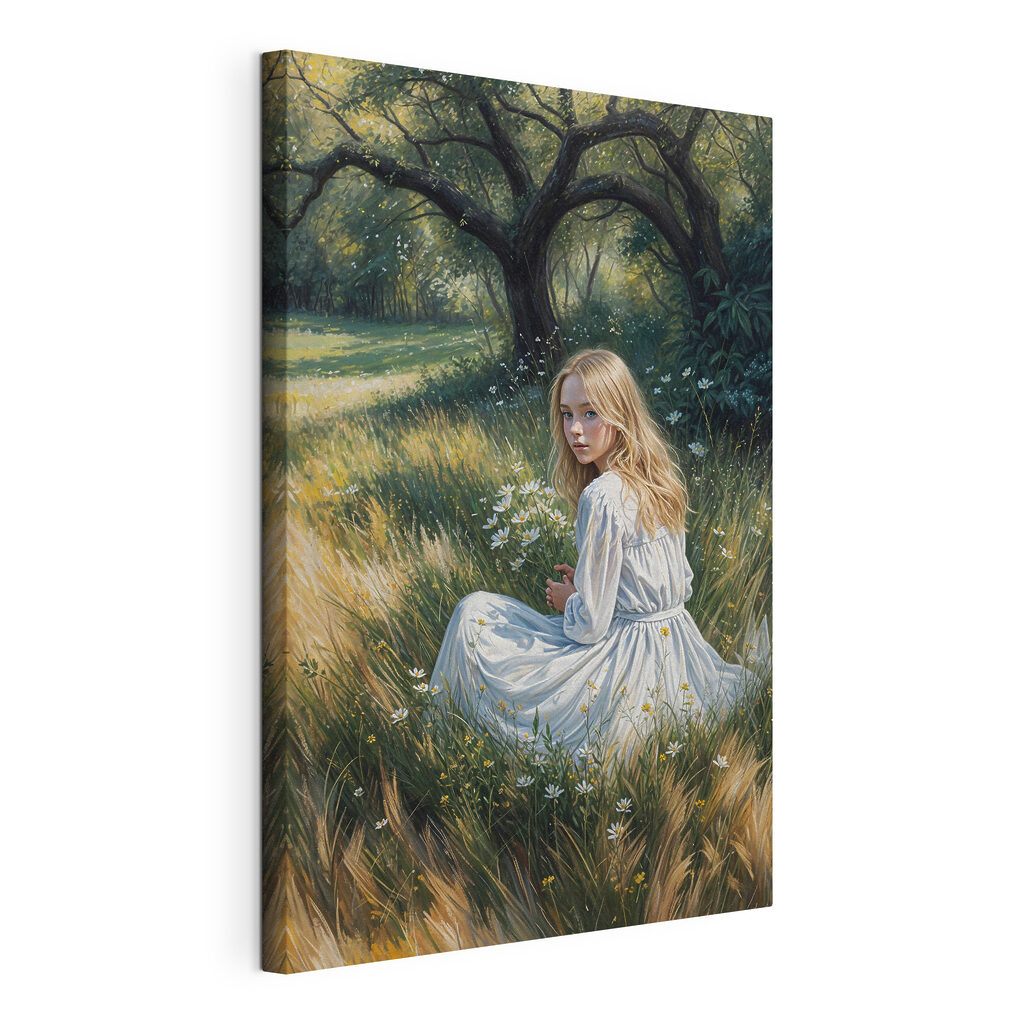 A girl in a white dress sitting in a field of flowers A girl in a white dress sitting in a field of flowers