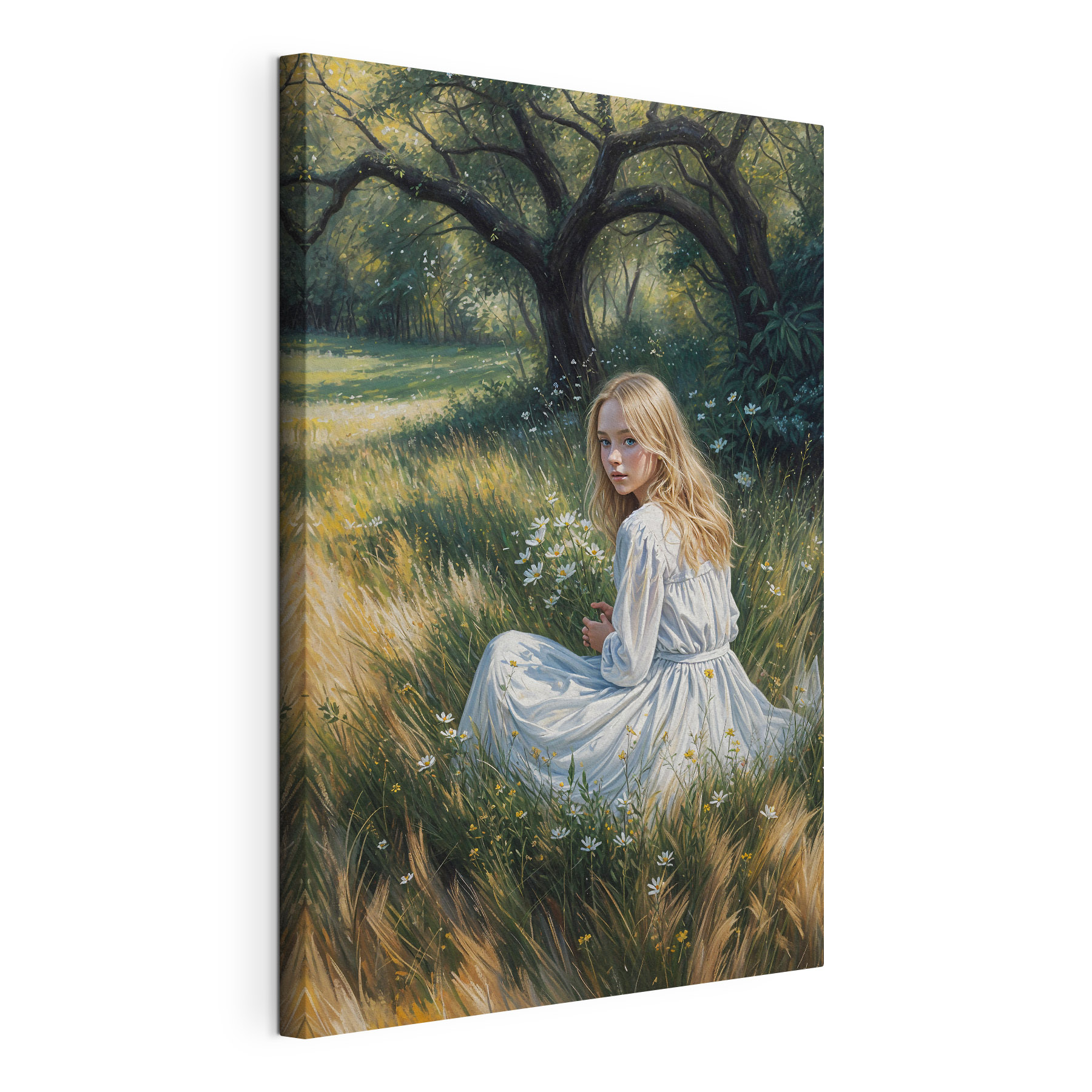 A girl in a white dress sitting in a field of flowers A girl in a white dress sitting in a field of flowers